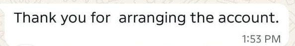 WhatsApp message from a RaconCodes customer in Australia: Thank you for arranging the account.
