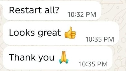 WhatsApp messages from the same customer: Looks great, thumbs up. Thank you.